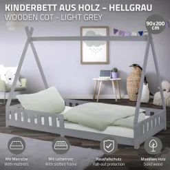 Kinderbett Tipi 90x200 cm Hellgrau aus Kiefernholz inkl. Matratze H-10cm Rausfallschutz und Lattenrost ML-Design