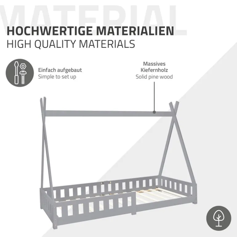 Kinderbett Tipi 90x200 cm Hellgrau aus Kiefernholz inkl. Matratze H-10cm Rausfallschutz und Lattenrost ML-Design