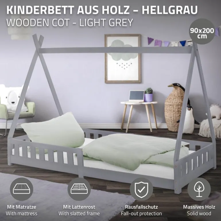 Kinderbett Tipi 90x200 cm Hellgrau aus Kiefernholz inkl. Matratze H-16cm Rausfallschutz und Lattenrost ML-Design