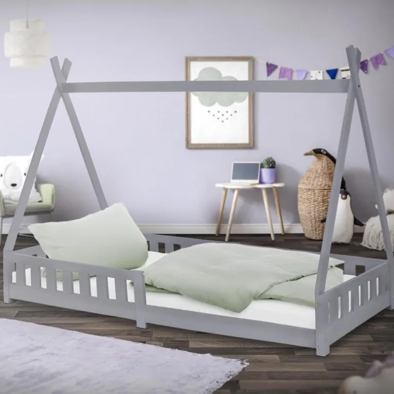 Kinderbett Tipi 90x200 cm Hellgrau aus Kiefernholz mit Rausfallschutz und Lattenrost Holzbett ML-Design