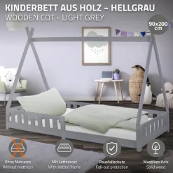 Kinderbett Tipi 90x200 cm Hellgrau aus Kiefernholz mit Rausfallschutz und Lattenrost Holzbett ML-Design