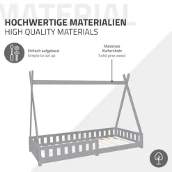 Kinderbett Tipi 90x200 cm Hellgrau aus Kiefernholz mit Rausfallschutz und Lattenrost Holzbett ML-Design