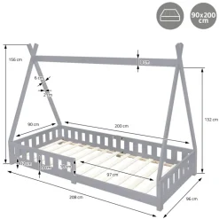 Kinderbett Tipi 90x200 cm Hellgrau aus Kiefernholz mit Rausfallschutz und Lattenrost Holzbett ML-Design