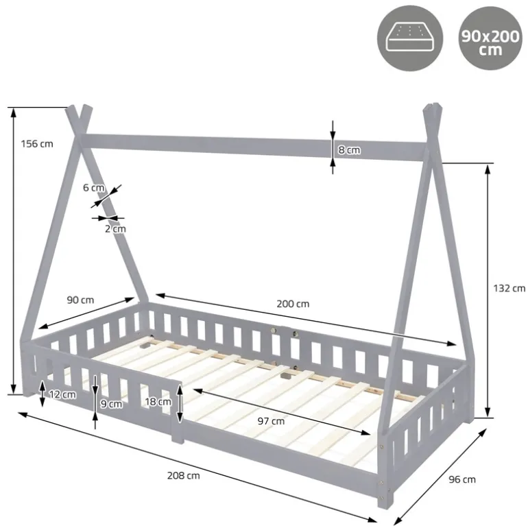 Kinderbett Tipi 90x200 cm Hellgrau aus Kiefernholz mit Rausfallschutz und Lattenrost Holzbett ML-Design