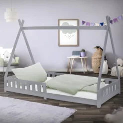 Kinderbett Tipi 90x200 cm Hellgrau aus Kiefernholz mit Rausfallschutz und Lattenrost Holzbett ML-Design