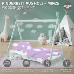 Kinderbett Tipi 80x160 cm Minze aus Kiefernholz inkl. Matratze H-10cm Holzbett mit Lattenrost ML-Design