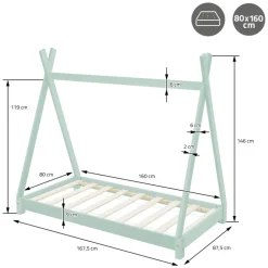 Kinderbett Tipi 80x160 cm Minze aus Kiefernholz inkl. Matratze H-10cm Holzbett mit Lattenrost ML-Design