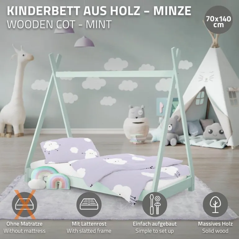 Kinderbett Tipi 70x140 cm Minze aus Kiefernholz Holzbett mit Lattenrost ML-Design