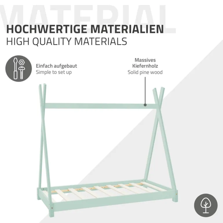 Kinderbett Tipi 70x140 cm Minze aus Kiefernholz Holzbett mit Lattenrost ML-Design