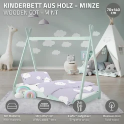 Kinderbett Tipi 70x140 cm Minze aus Kiefernholz inkl. Matratze H-10cm Holzbett mit Lattenrost ML-Design
