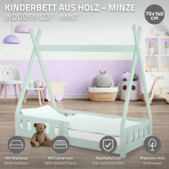 Kinderbett Tipi 70x140 cm Minze aus Kiefernholz inkl. Matratze H-10cm Rausfallschutz und Lattenrost ML-Design