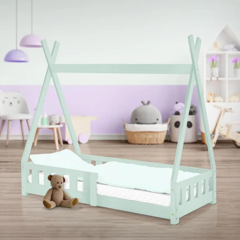 Kinderbett Tipi 70x140 cm Minze aus Kiefernholz mit Rausfallschutz und Lattenrost Holzbett ML-Design