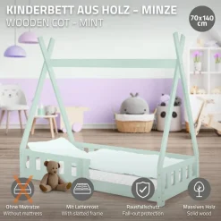 Kinderbett Tipi 70x140 cm Minze aus Kiefernholz mit Rausfallschutz und Lattenrost Holzbett ML-Design