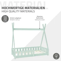 Kinderbett Tipi 70x140 cm Minze aus Kiefernholz mit Rausfallschutz und Lattenrost Holzbett ML-Design