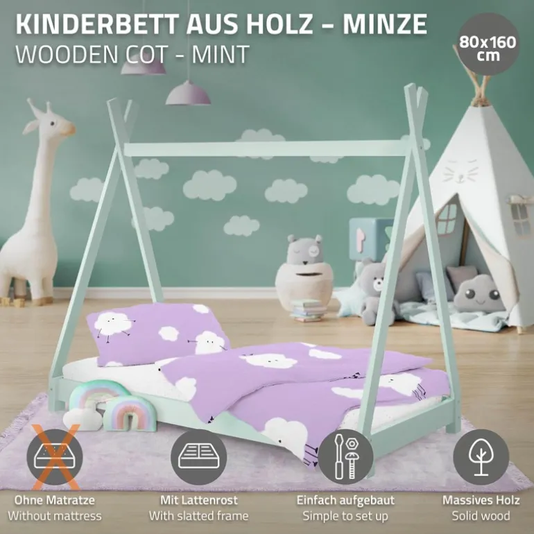 Kinderbett Tipi 80x160 cm Minze aus Kiefernholz Holzbett mit Lattenrost ML-Design