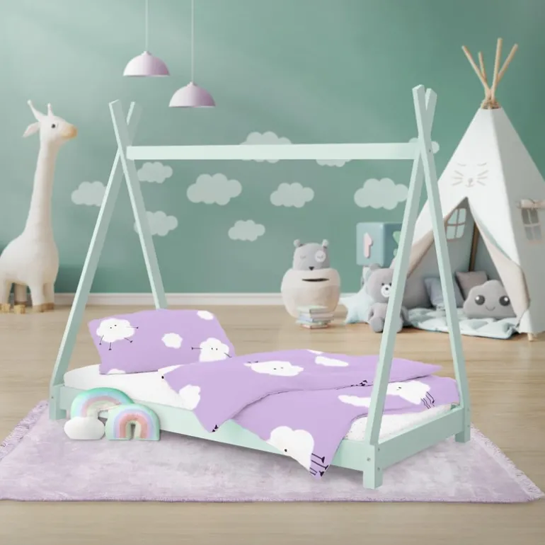 Kinderbett Tipi 80x160 cm Minze aus Kiefernholz Holzbett mit Lattenrost ML-Design