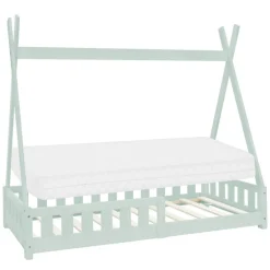 Kinderbett Tipi 80x160 cm Minze aus Kiefernholz inkl. Matratze H-10cm Rausfallschutz und Lattenrost ML-Design