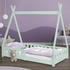 Kinderbett Tipi 80x160 cm Minze aus Kiefernholz mit Rausfallschutz und Lattenrost Holzbett ML-Design