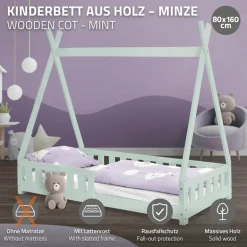 Kinderbett Tipi 80x160 cm Minze aus Kiefernholz mit Rausfallschutz und Lattenrost Holzbett ML-Design