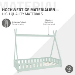 Kinderbett Tipi 80x160 cm Minze aus Kiefernholz mit Rausfallschutz und Lattenrost Holzbett ML-Design