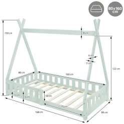 Kinderbett Tipi 80x160 cm Minze aus Kiefernholz mit Rausfallschutz und Lattenrost Holzbett ML-Design