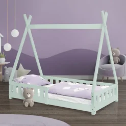 Kinderbett Tipi 80x160 cm Minze aus Kiefernholz mit Rausfallschutz und Lattenrost Holzbett ML-Design