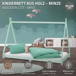Kinderbett Tipi 90x200 cm Minze aus Kiefernholz Holzbett mit Lattenrost ML-Design