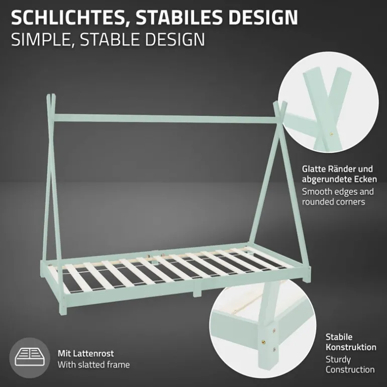 Kinderbett Tipi 90x200 cm Minze aus Kiefernholz Holzbett mit Lattenrost ML-Design