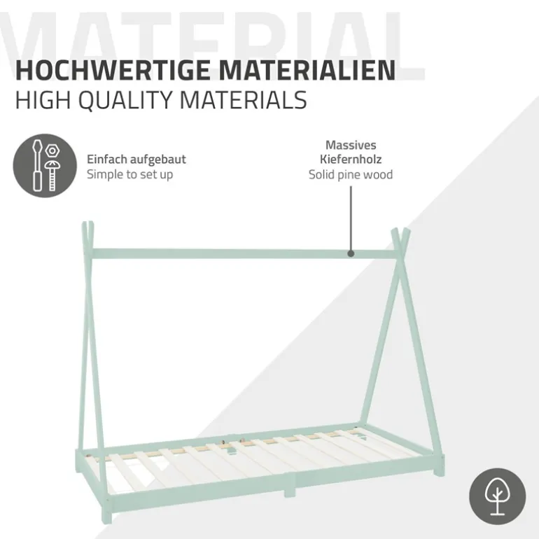 Kinderbett Tipi 90x200 cm Minze aus Kiefernholz inkl. Matratze H-10cm Holzbett mit Lattenrost ML-Design