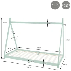 Kinderbett Tipi 90x200 cm Minze aus Kiefernholz inkl. Matratze H-10cm Holzbett mit Lattenrost ML-Design