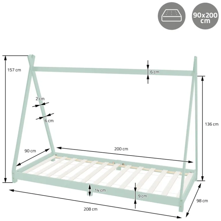 Kinderbett Tipi 90x200 cm Minze aus Kiefernholz inkl. Matratze H-10cm Holzbett mit Lattenrost ML-Design