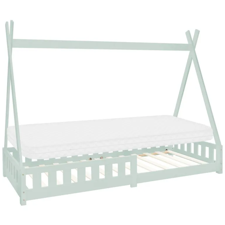 Kinderbett Tipi 90x200 cm Minze aus Kiefernholz inkl. Matratze H-10cm Rausfallschutz und Lattenrost ML-Design