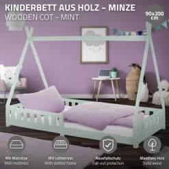 Kinderbett Tipi 90x200 cm Minze aus Kiefernholz inkl. Matratze H-10cm Rausfallschutz und Lattenrost ML-Design