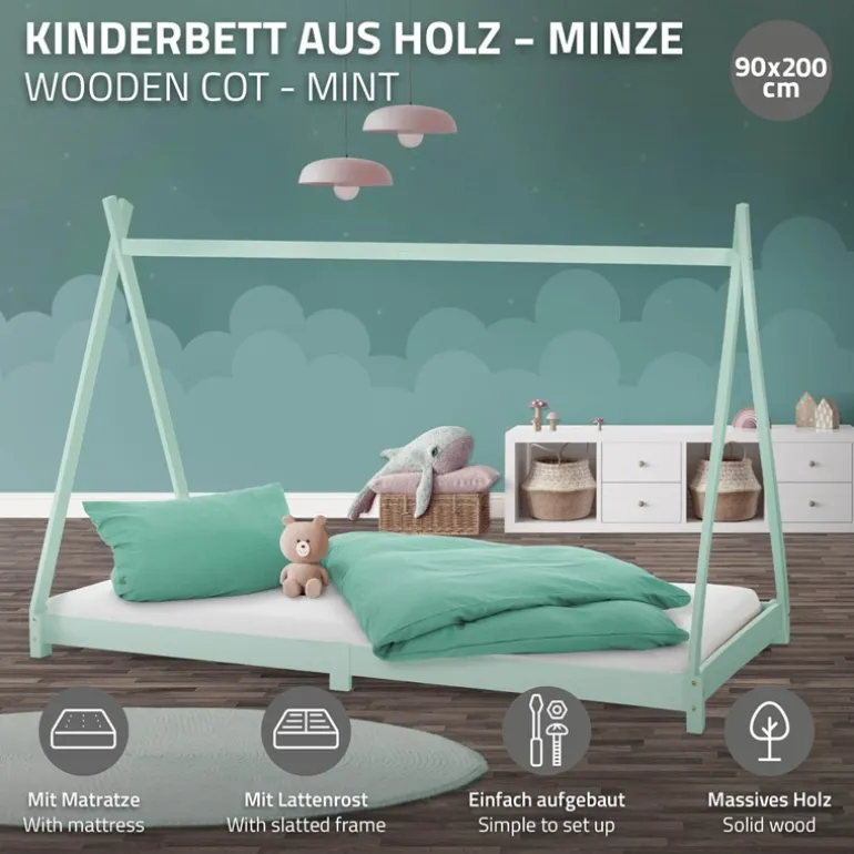 Kinderbett Tipi 90x200 cm Minze aus Kiefernholz inkl. Matratze H-16cm Holzbett mit Lattenrost ML-Design
