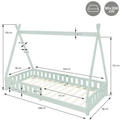 Kinderbett Tipi 90x200 cm Minze aus Kiefernholz inkl. Matratze H-16cm Rausfallschutz und Lattenrost ML-Design