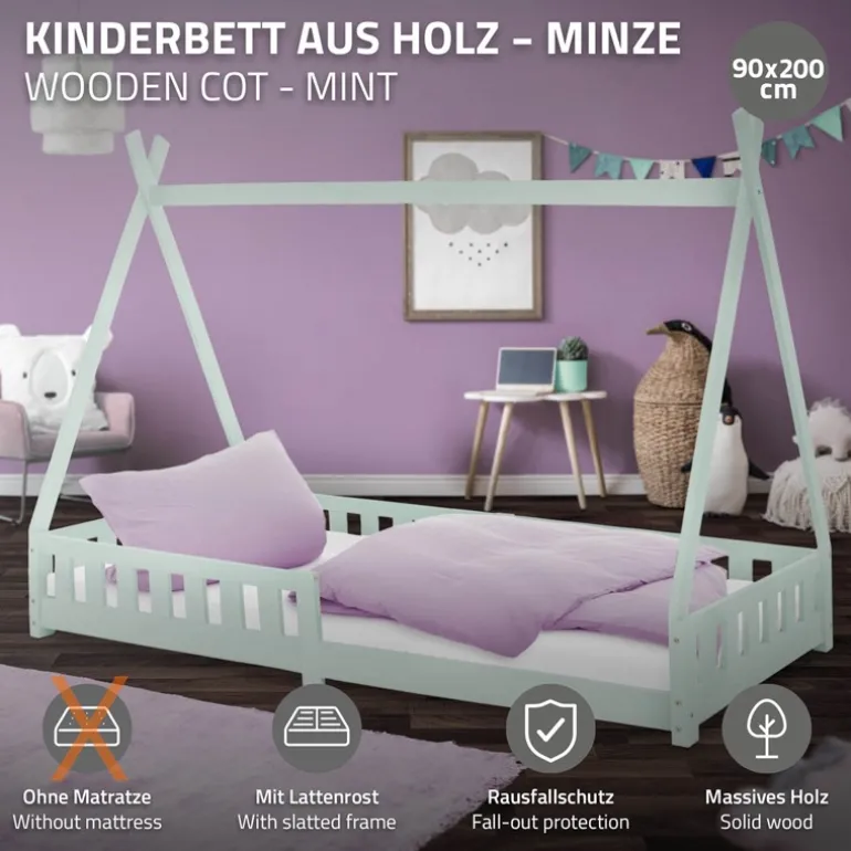Kinderbett Tipi 90x200 cm Minze aus Kiefernholz mit Rausfallschutz und Lattenrost Holzbett ML-Design