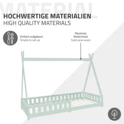 Kinderbett Tipi 90x200 cm Minze aus Kiefernholz mit Rausfallschutz und Lattenrost Holzbett ML-Design