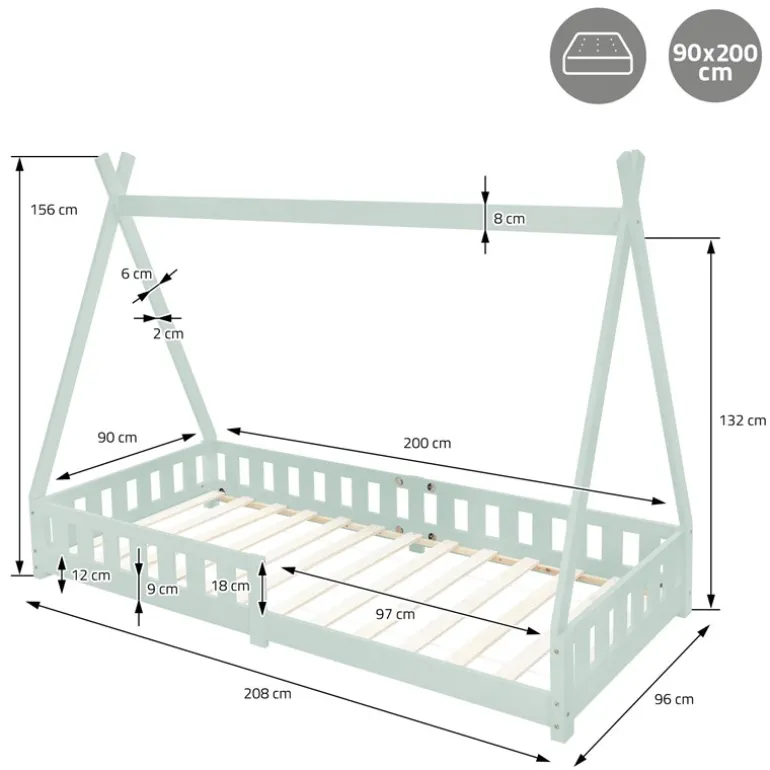 Kinderbett Tipi 90x200 cm Minze aus Kiefernholz mit Rausfallschutz und Lattenrost Holzbett ML-Design