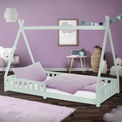 Kinderbett Tipi 90x200 cm Minze aus Kiefernholz mit Rausfallschutz und Lattenrost Holzbett ML-Design
