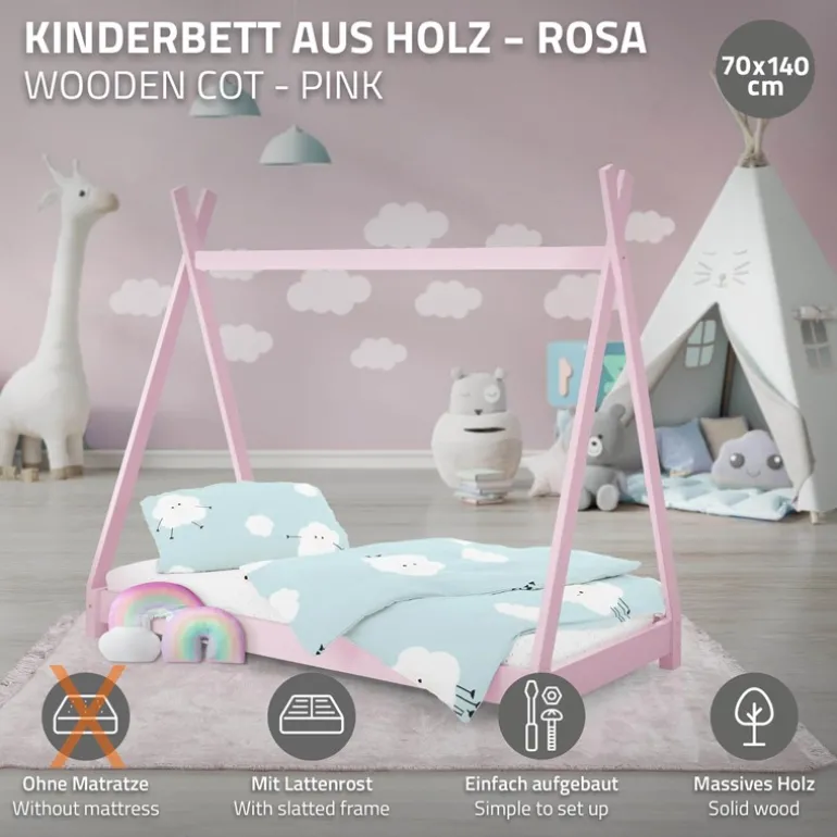 Kinderbett Tipi 70x140 cm Rosa aus Kiefernholz Holzbett mit Lattenrost ML-Design