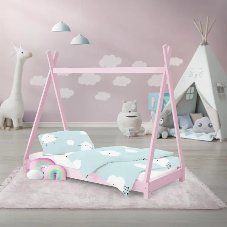 Kinderbett Tipi 70x140 cm Rosa aus Kiefernholz Holzbett mit Lattenrost ML-Design