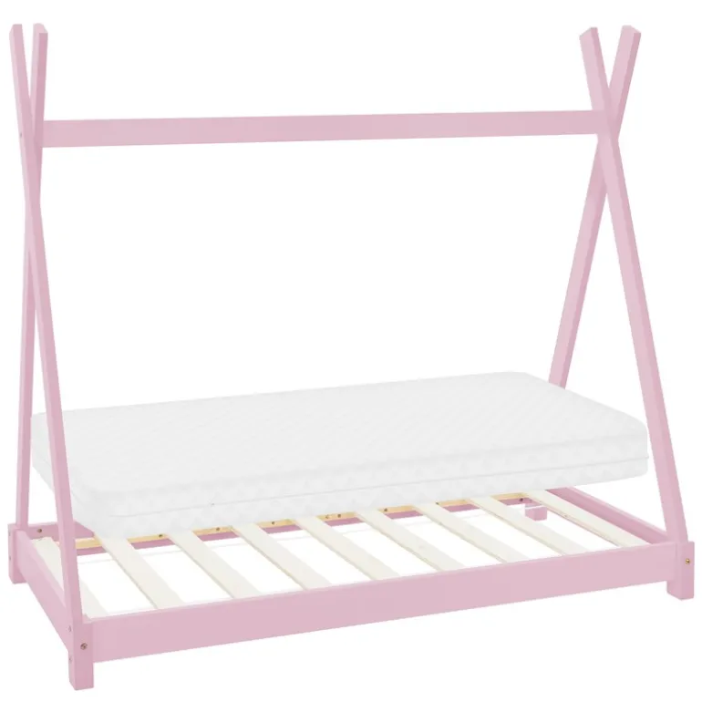 Kinderbett Tipi 70x140 cm Rosa aus Kiefernholz inkl. Matratze H-10cm Holzbett mit Lattenrost ML-Design