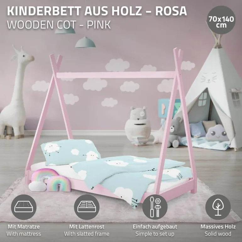 Kinderbett Tipi 70x140 cm Rosa aus Kiefernholz inkl. Matratze H-10cm Holzbett mit Lattenrost ML-Design