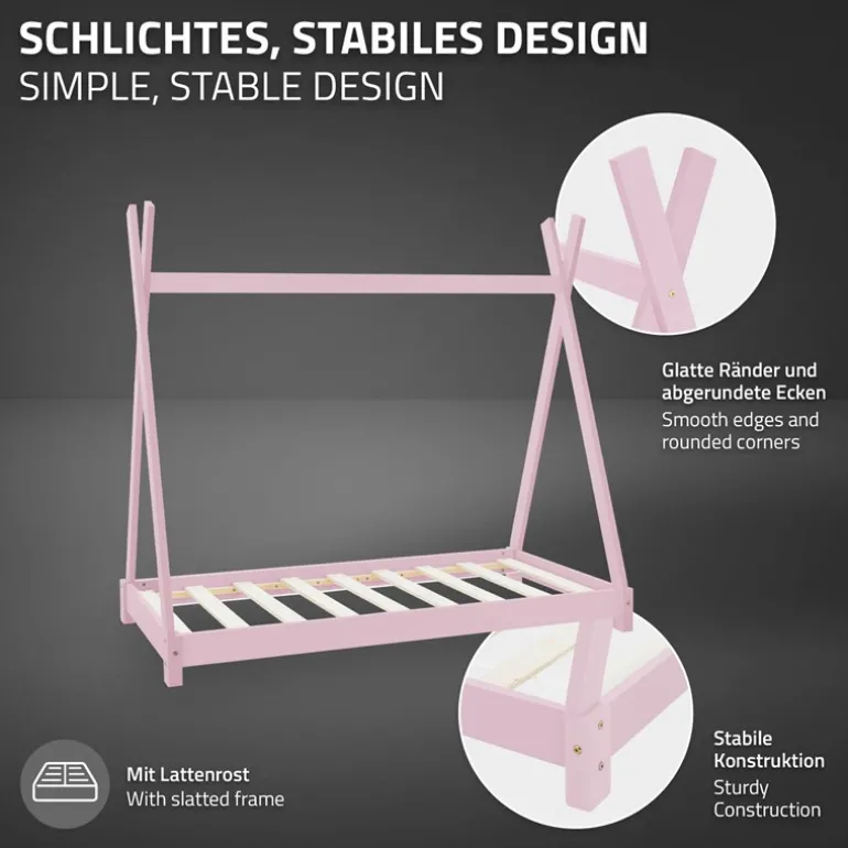 Kinderbett Tipi 70x140 cm Rosa aus Kiefernholz inkl. Matratze H-10cm Holzbett mit Lattenrost ML-Design