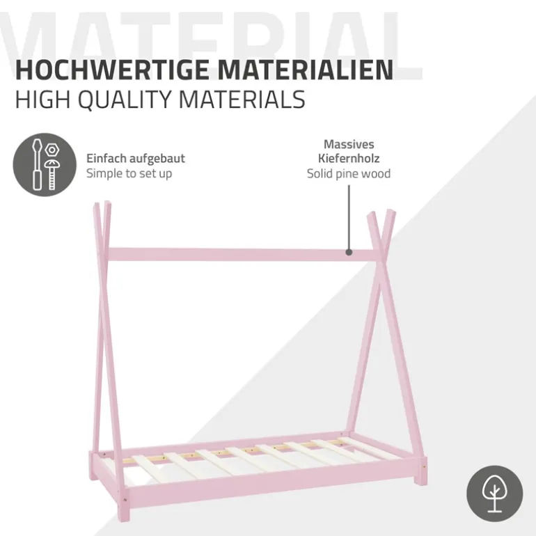 Kinderbett Tipi 70x140 cm Rosa aus Kiefernholz inkl. Matratze H-10cm Holzbett mit Lattenrost ML-Design