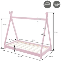 Kinderbett Tipi 70x140 cm Rosa aus Kiefernholz inkl. Matratze H-10cm Holzbett mit Lattenrost ML-Design