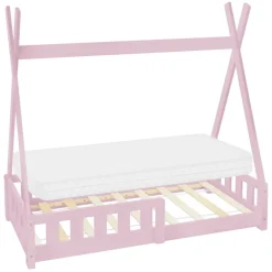 Kinderbett Tipi 70x140 cm Rosa aus Kiefernholz inkl. Matratze H-10cm Rausfallschutz und Lattenrost ML-Design
