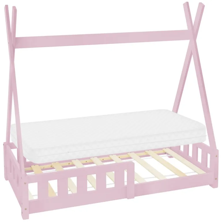 Kinderbett Tipi 70x140 cm Rosa aus Kiefernholz inkl. Matratze H-10cm Rausfallschutz und Lattenrost ML-Design