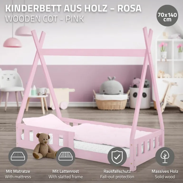 Kinderbett Tipi 70x140 cm Rosa aus Kiefernholz inkl. Matratze H-10cm Rausfallschutz und Lattenrost ML-Design