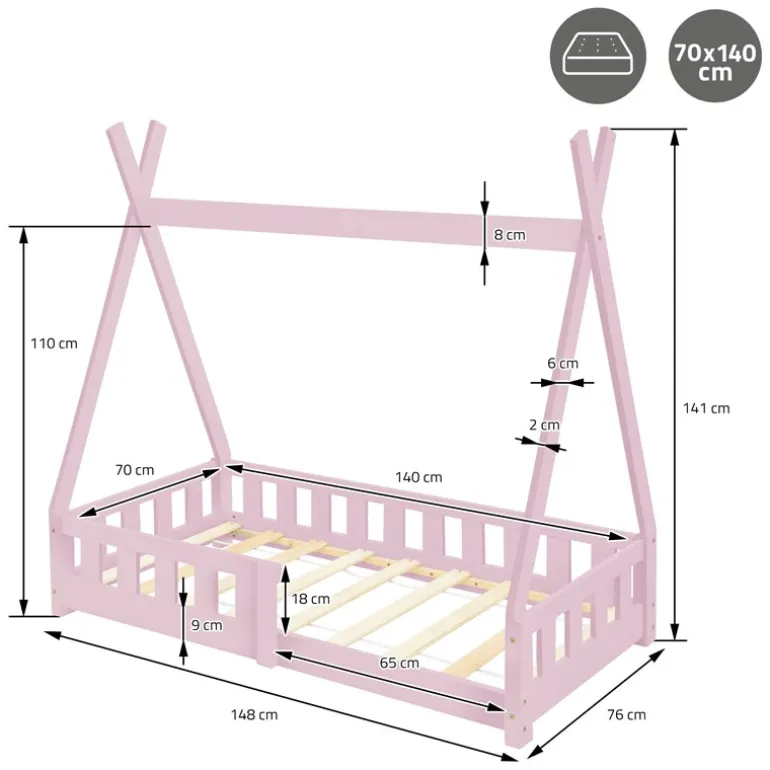 Kinderbett Tipi 70x140 cm Rosa aus Kiefernholz inkl. Matratze H-10cm Rausfallschutz und Lattenrost ML-Design